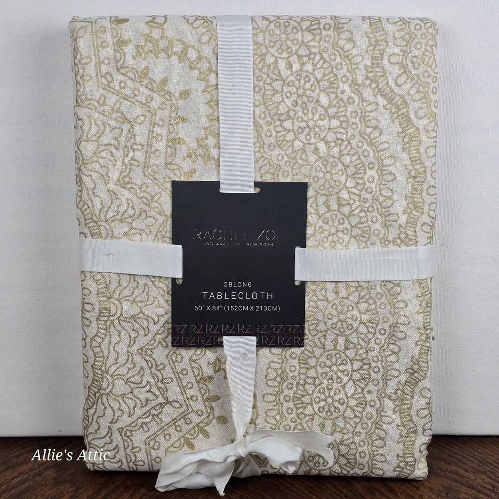 Rachel Zoe Tablecloth 60x84 New Gold White Beige Boho Floral Minimilist Cotton